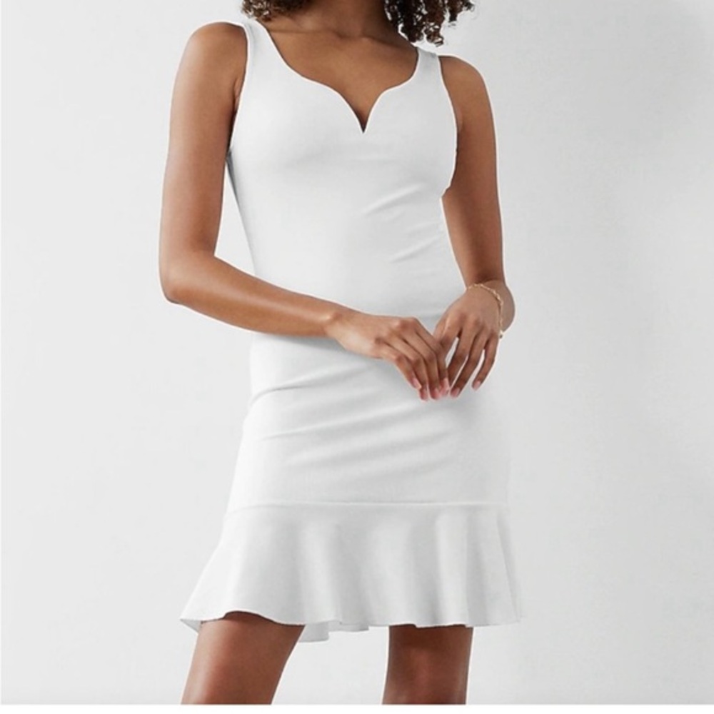 NWT EXPRESS // Body Con Ribbed V-Wire White Ruffle Dress, size S